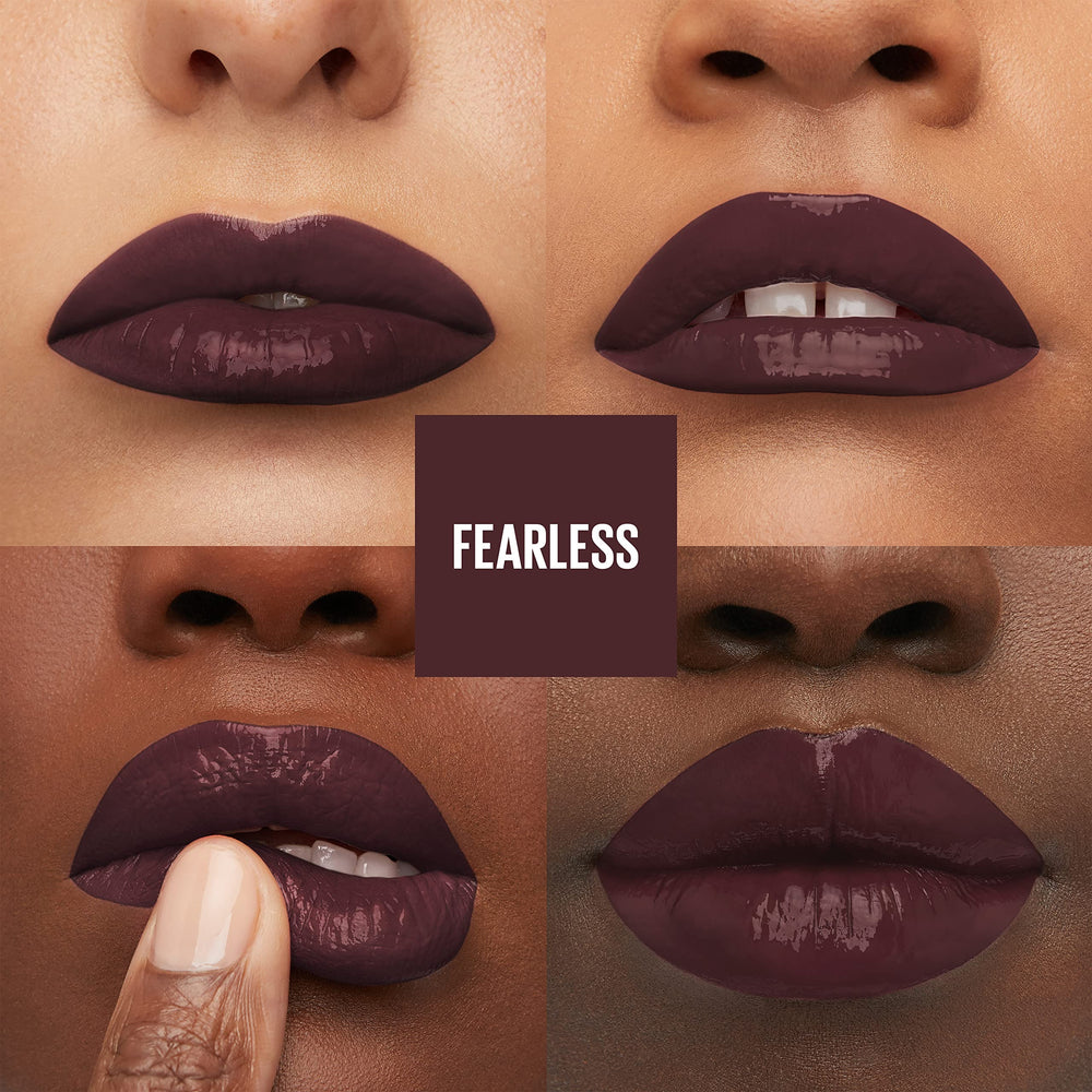 Maybelline Super Stay Vinyl Ink shade range swatch, from nude to bold colors.