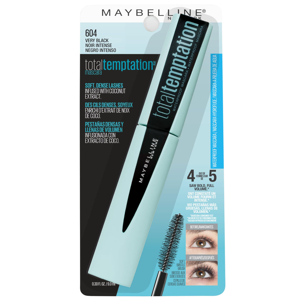 Maybelline Total Temptation Waterproof Mascara packaging, compact and travel-friendly.