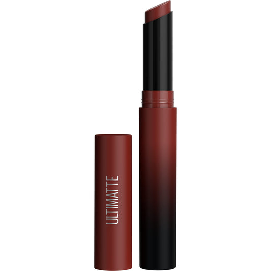 Maybelline Ultimatte More Cedar lipstick bullet in deep rust brown for bold color.