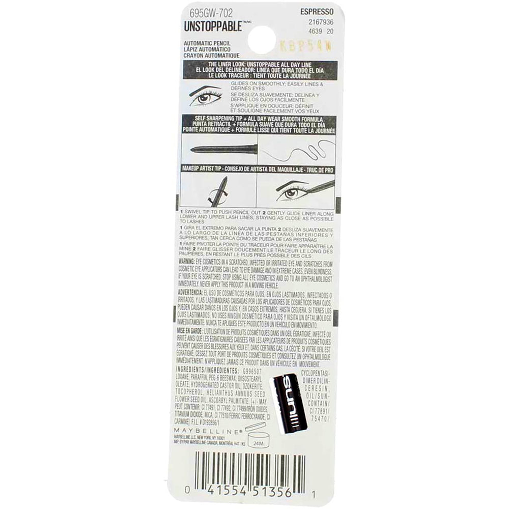 Espresso swirl on Maybelline Unstoppable eyeliner barrel, premium color payoff.
