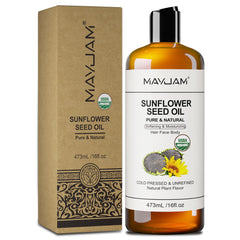 MAYJAM Organic Sunflower Seed Oil 16oz bottle on shelf for skin and hair care options.