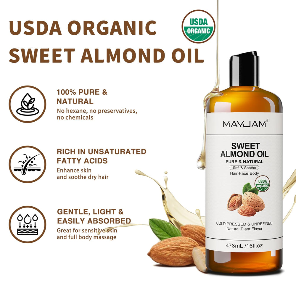 MAYJAM Sweet Almond Oil close-up texture reveals light, silky liquid ideal for massage.