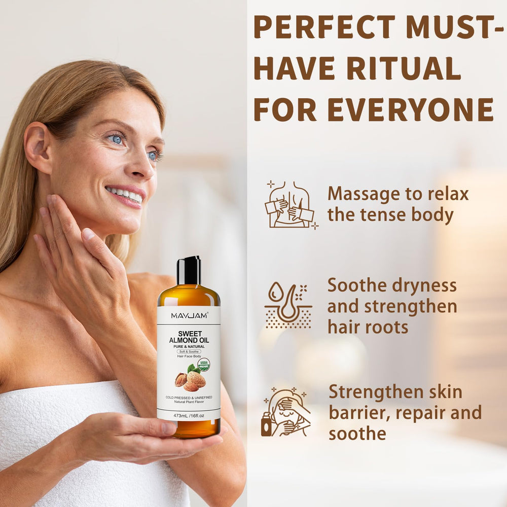 MAYJAM Sweet Almond Oil kernel close-up highlights natural nutrients.