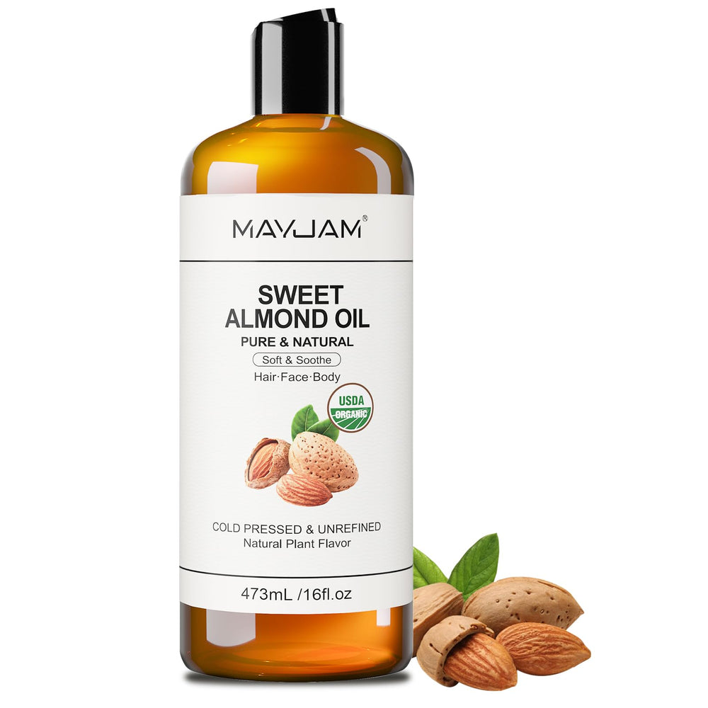 MAYJAM Sweet Almond Oil pour demonstrates easy absorption for daily skincare.