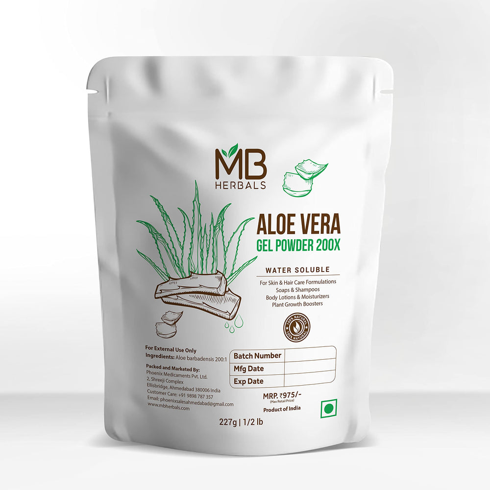 MB Herbals Aloe Vera Gel Powder 200X powder bowl highlights versatile ready-to-use formula for hair and face.