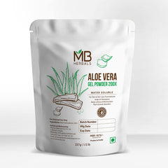 MB Herbals Aloe Vera Gel Powder 200X powder bowl highlights versatile ready-to-use formula for hair and face.