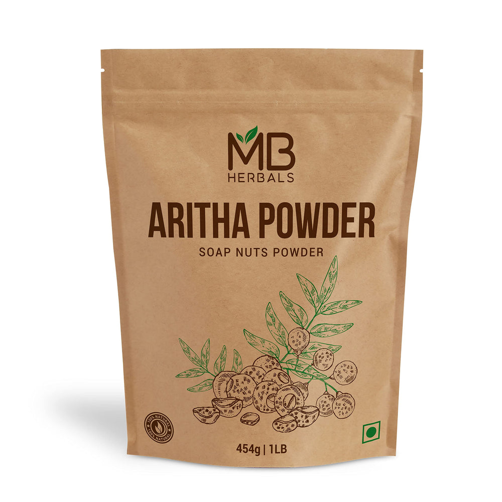 MB Herbals Aritha Powder jar illustrating pure, natural cleanser for hair and body.