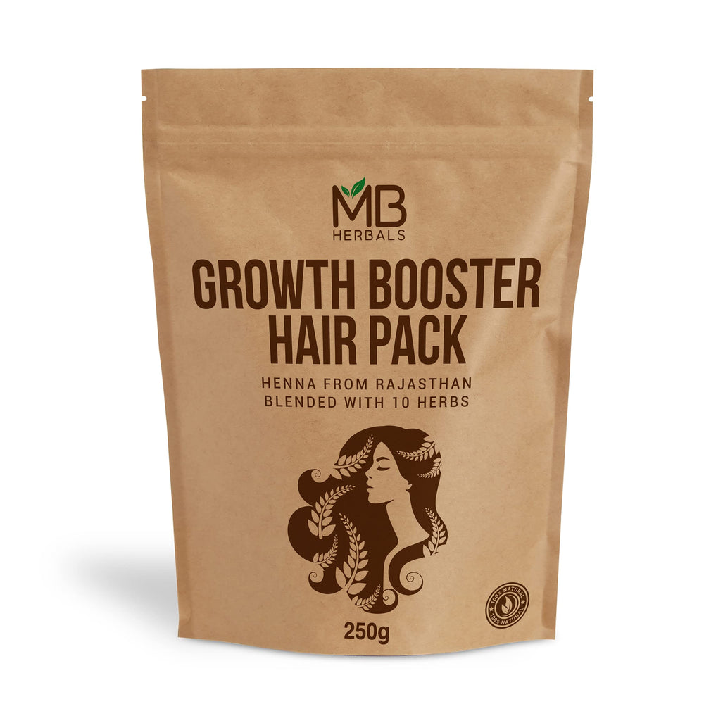 MB Herbals Growth Booster Hair Pack powder jar with herbal blend for nourished hair.