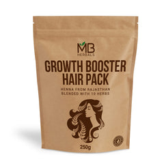 MB Herbals Growth Booster Hair Pack powder jar with herbal blend for nourished hair.