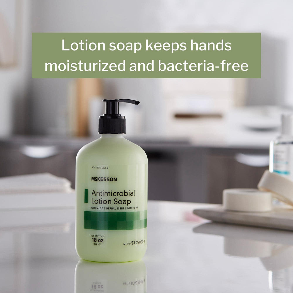 McKesson antimicrobial lotion hand soap aloe gel provides gentle cleansing and softness.