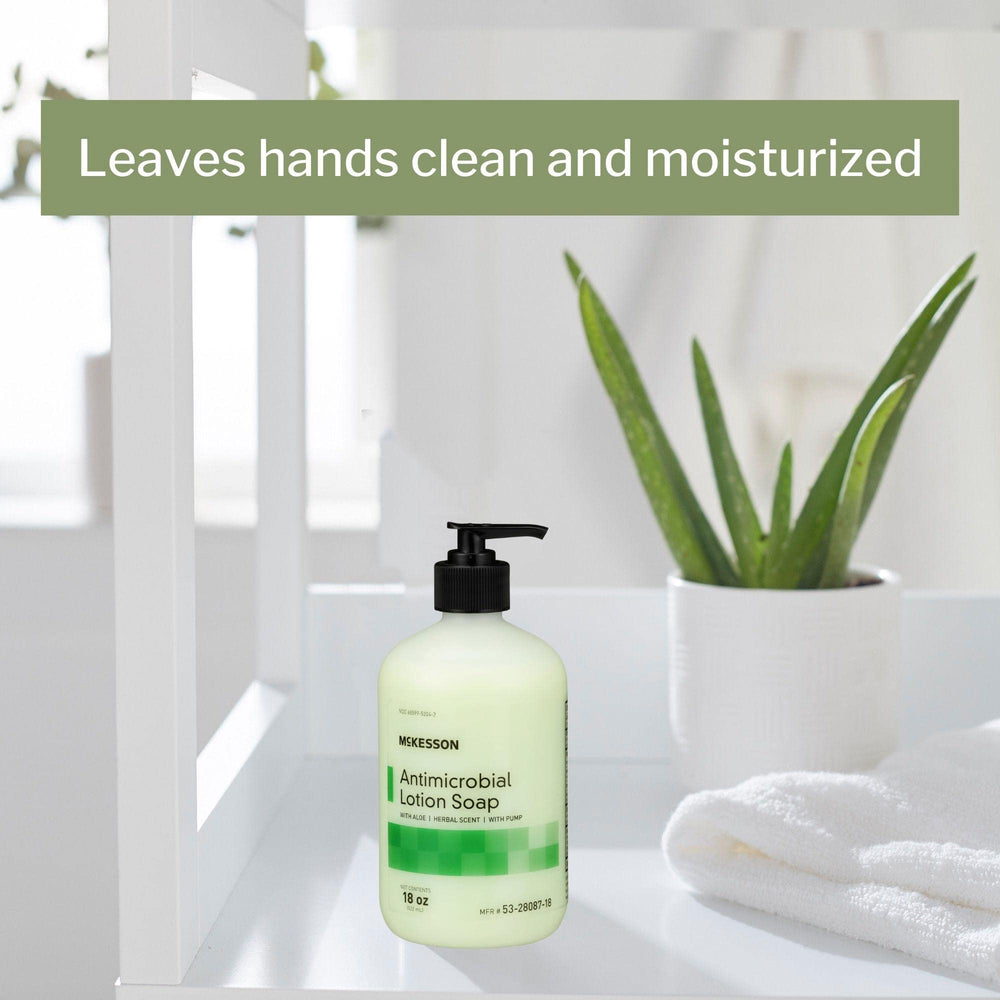 McKesson antimicrobial lotion hand soap moisturizing formula softens skin during cleansing.