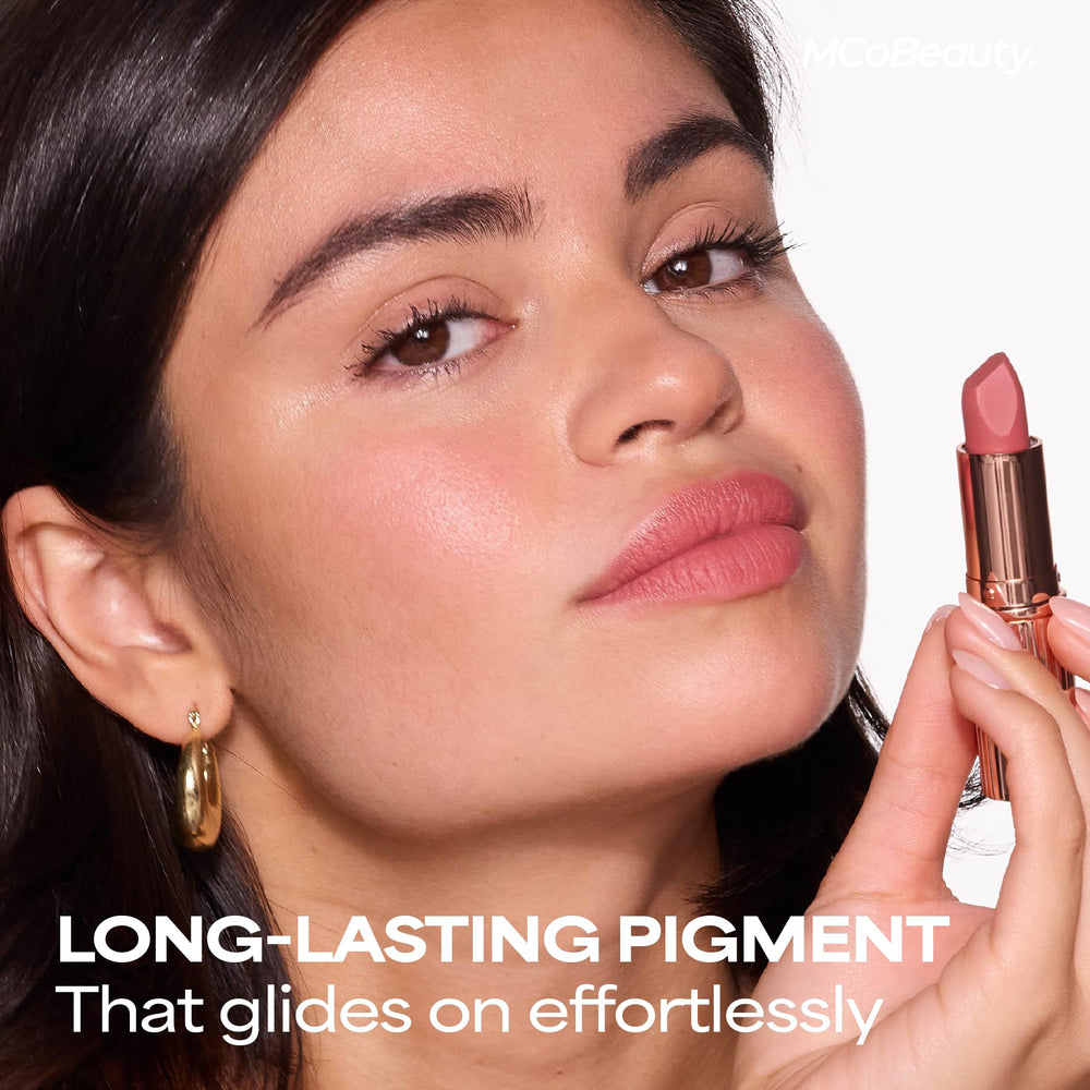 Lip line edges and precise application for a sculpted pout.