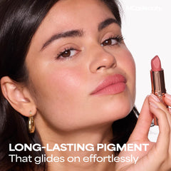 Lip line edges and precise application for a sculpted pout.