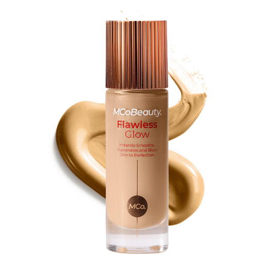 MCoBeauty Flawless Glow bottle pour shows radiant, liquid texture for instant glow