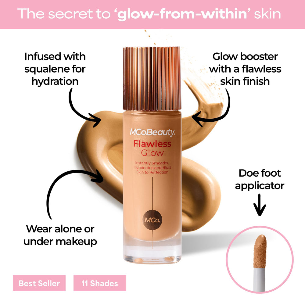 MCoBeauty Flawless Glow swatch on cheek demonstrates buildable radiance
