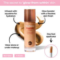 MCoBeauty Flawless Glow swatch on cheek demonstrates buildable radiance