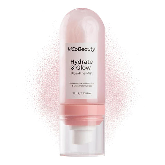 MCoBeauty Hydrate & Glow mist bottle close-up with watermelon scent for radiant skin.