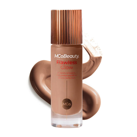 MCoBeauty Flawless Glow bottle pour showing radiant base texture