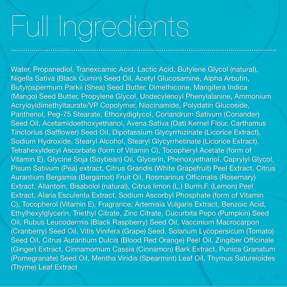 MD Complete ingredients closeup shows licorice, alpha arbutin and antioxidants