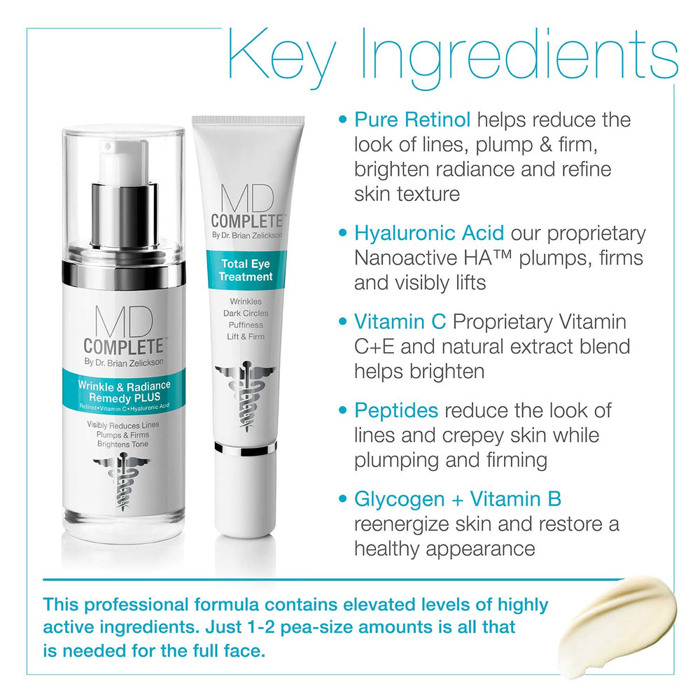 MD Complete Total Eye Treatment bottle closeup emphasizing hyaluronic acid hydration