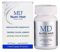 MD Nutri Hair bottle front view promotes fuller-looking hair over time