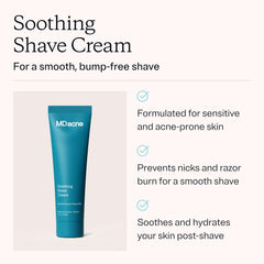 MDacne Shaving Cream bottle-side highlighting dermatologist-designed, vegan formula