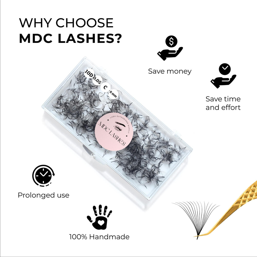 MDC Lashes promade fans CC curl 8-18 mm for fuller volume sets.