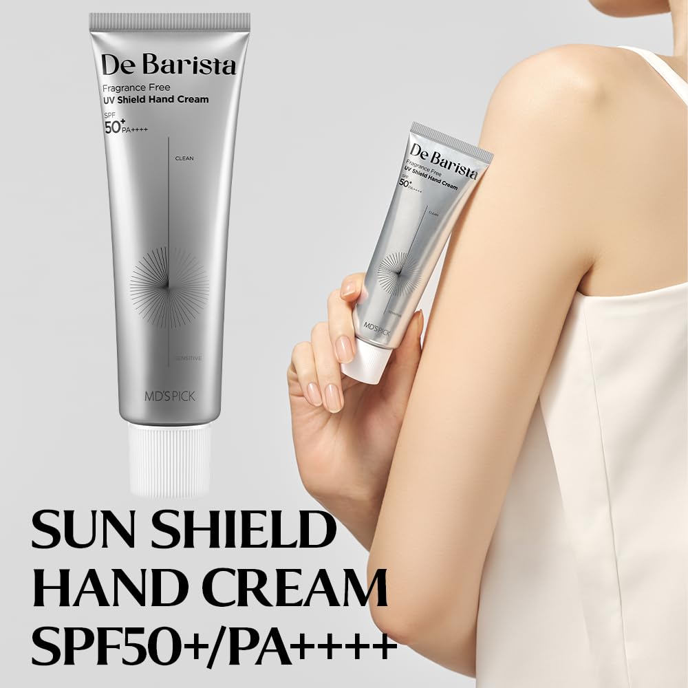 MD'S PICK De Barista Sun Shield Hand Cream SPF50+ supports skin with olive-derived moisturizers.