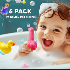 MeCids potion bottle pour reveals vibrant colors and foamy action during bath play.