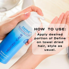 Mediceuticals Define Thickening Lotion on dresser beside styling tools