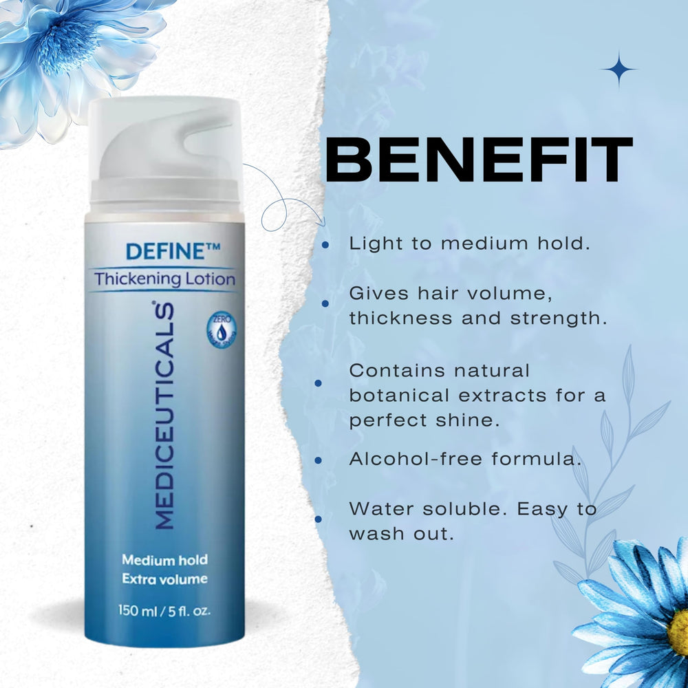 Hands applying Mediceuticals Define Thickening Lotion to damp hair for lift