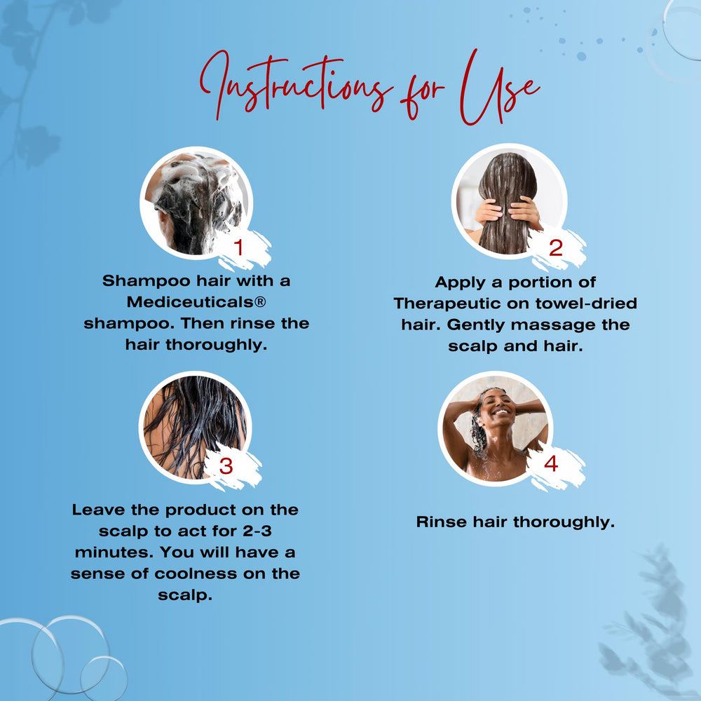 Therapro product in hand during scalp rinse application, demonstrating usage.