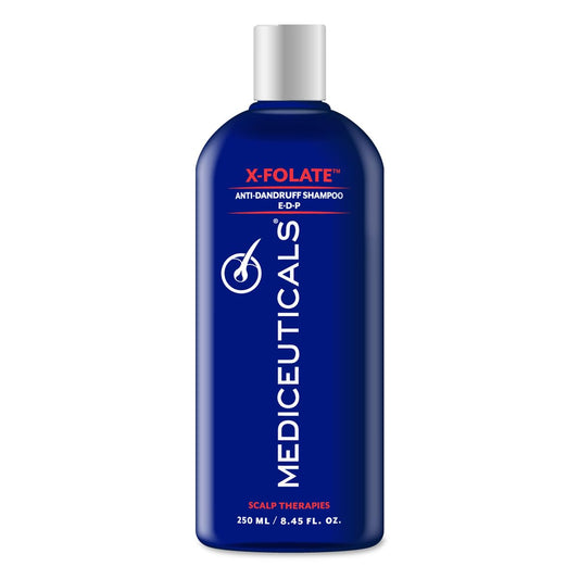 Mediceuticals X-Folate Shampoo bottle pour for easy daily use and dandruff relief.
