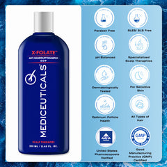 Mediceuticals X-Folate Shampoo bottle on sink with soft lighting.
