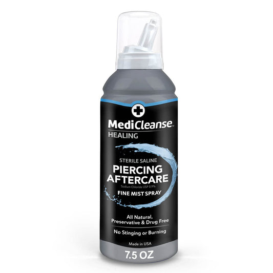 MediCleanse sterile saline fine mist on a piercing for gentle cleansing.