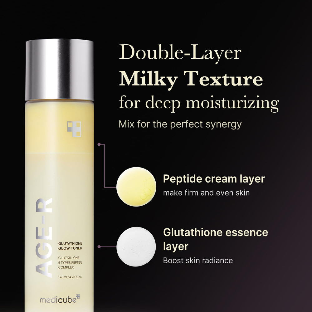 Application swatch on skin of Medicube Age-R Glutathione Glow Milky Toner.