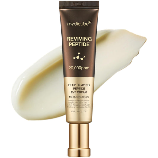 Medicube Eye Serum bottle highlighting deep-reviving peptide for hydration.
