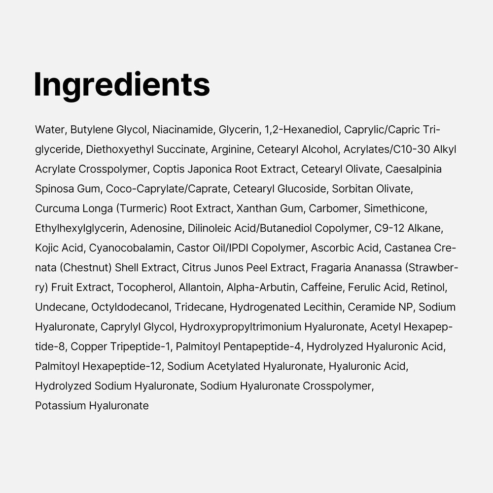 Ingredient detail label highlighting kojic acid and turmeric components.
