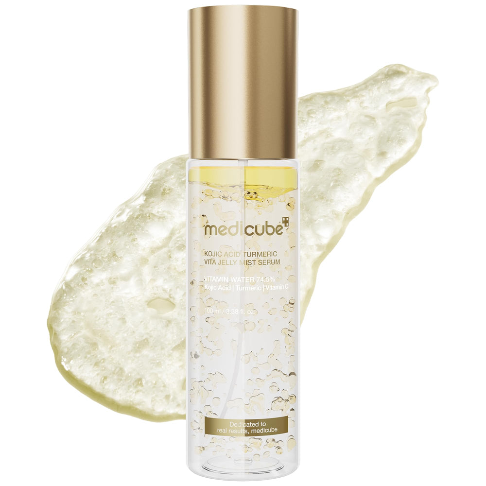 medicube Jelly Mist Serum bottle close-up highlights luxe formula and fresh glow.