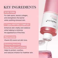 Medicube Rose PDRN Toner swirl texture highlights lightweight hydration.