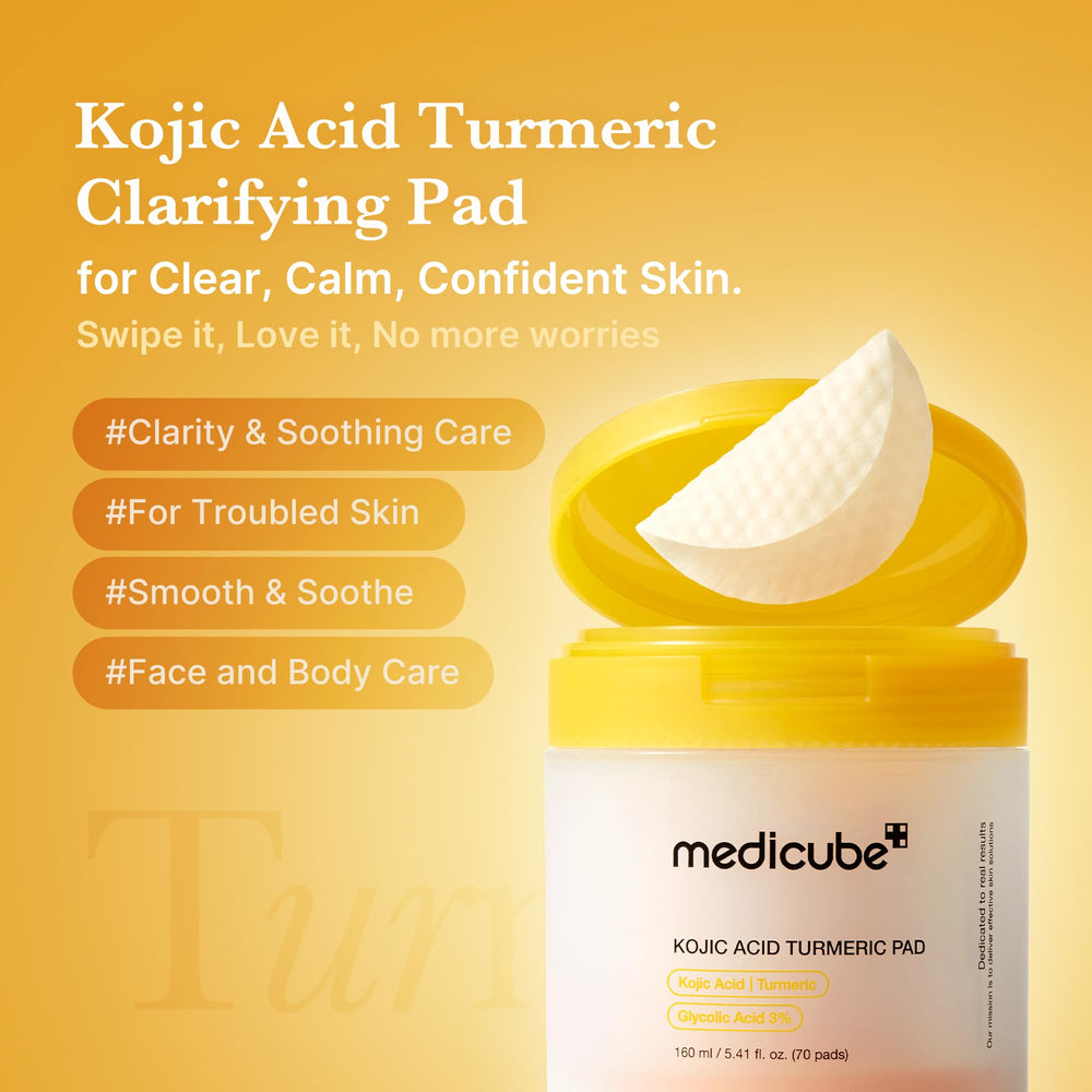 Medicube Kojic Turmeric clarifying pad promoting refined pores and even tone for daily use.