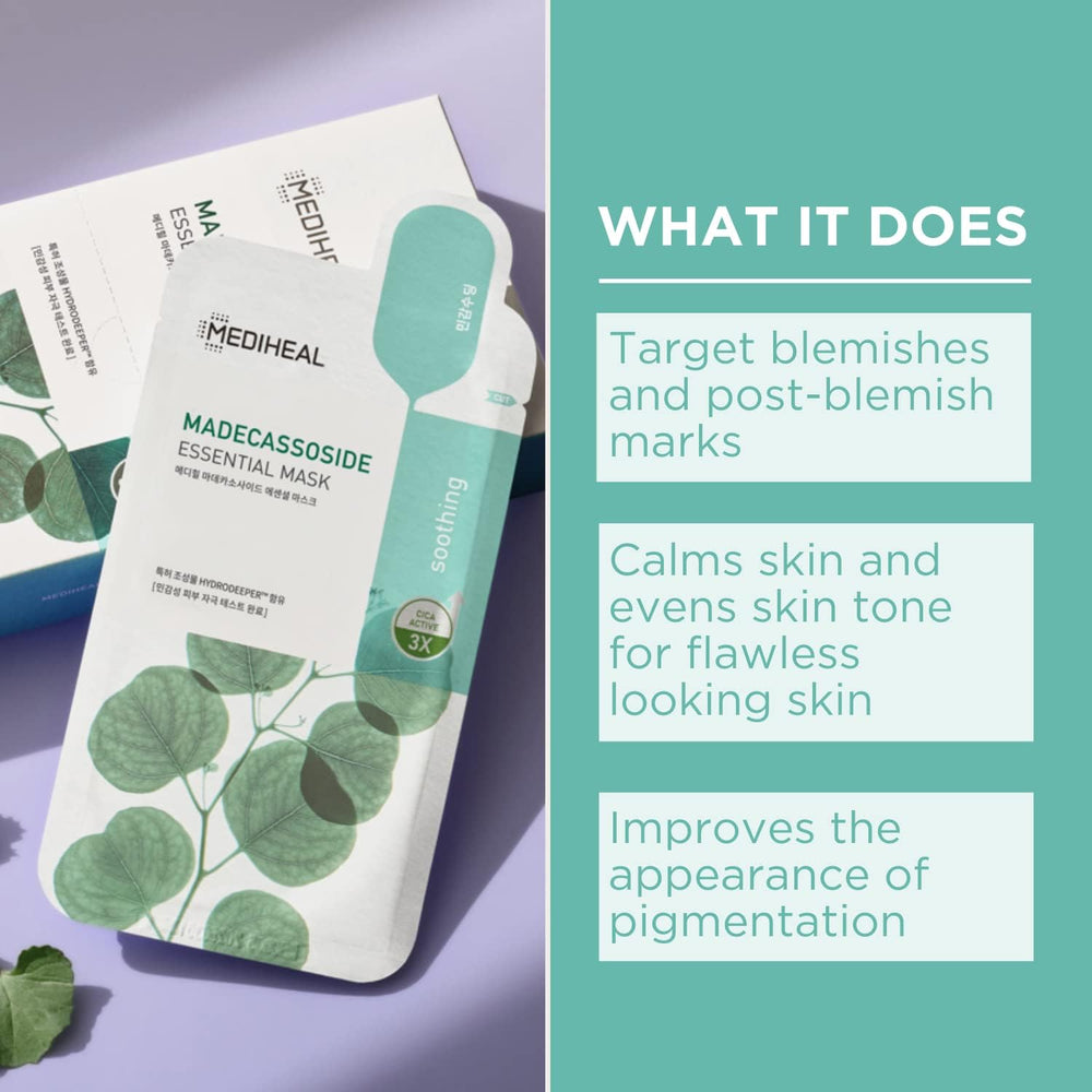 Mediheal Madecassoside sheet mask on face providing calming hydration.