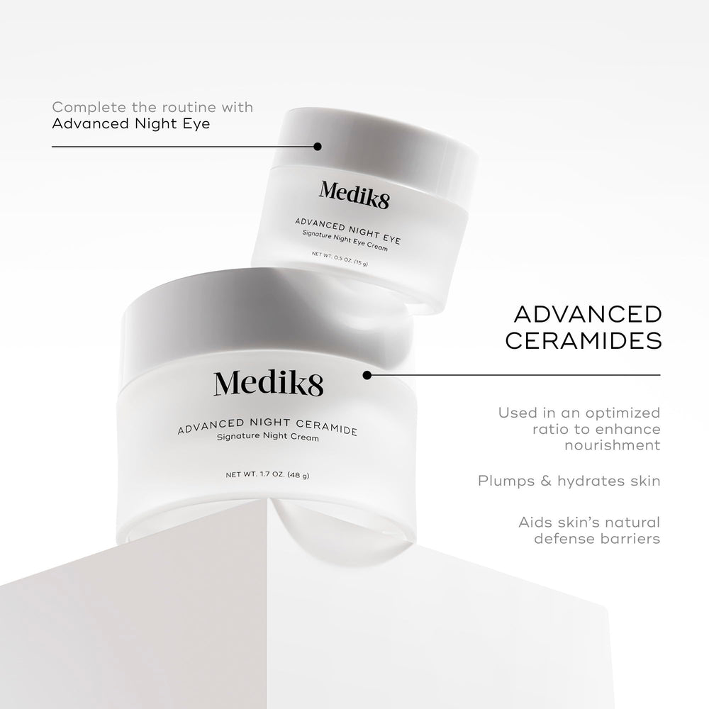 Medik8 Advanced Night Ceramide eye-area detail suggests a smoother look around the eyes.