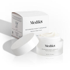 Medik8 Advanced Night Ceramide night routine setup shows a complete evening skincare ritual.