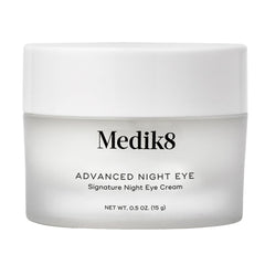 Medik8 Advanced Night Eye Cream bottle close-up highlighting overnight hydration for the eye area