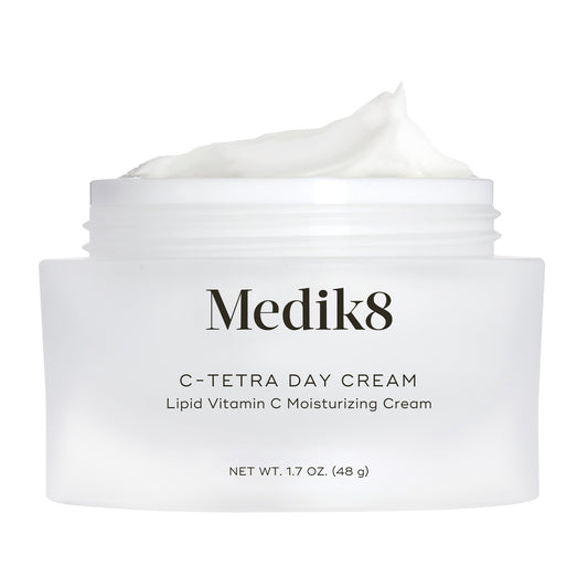 Medik8 C-Tetra Day Cream bottle closeup highlighting hydrating antioxidant protection.