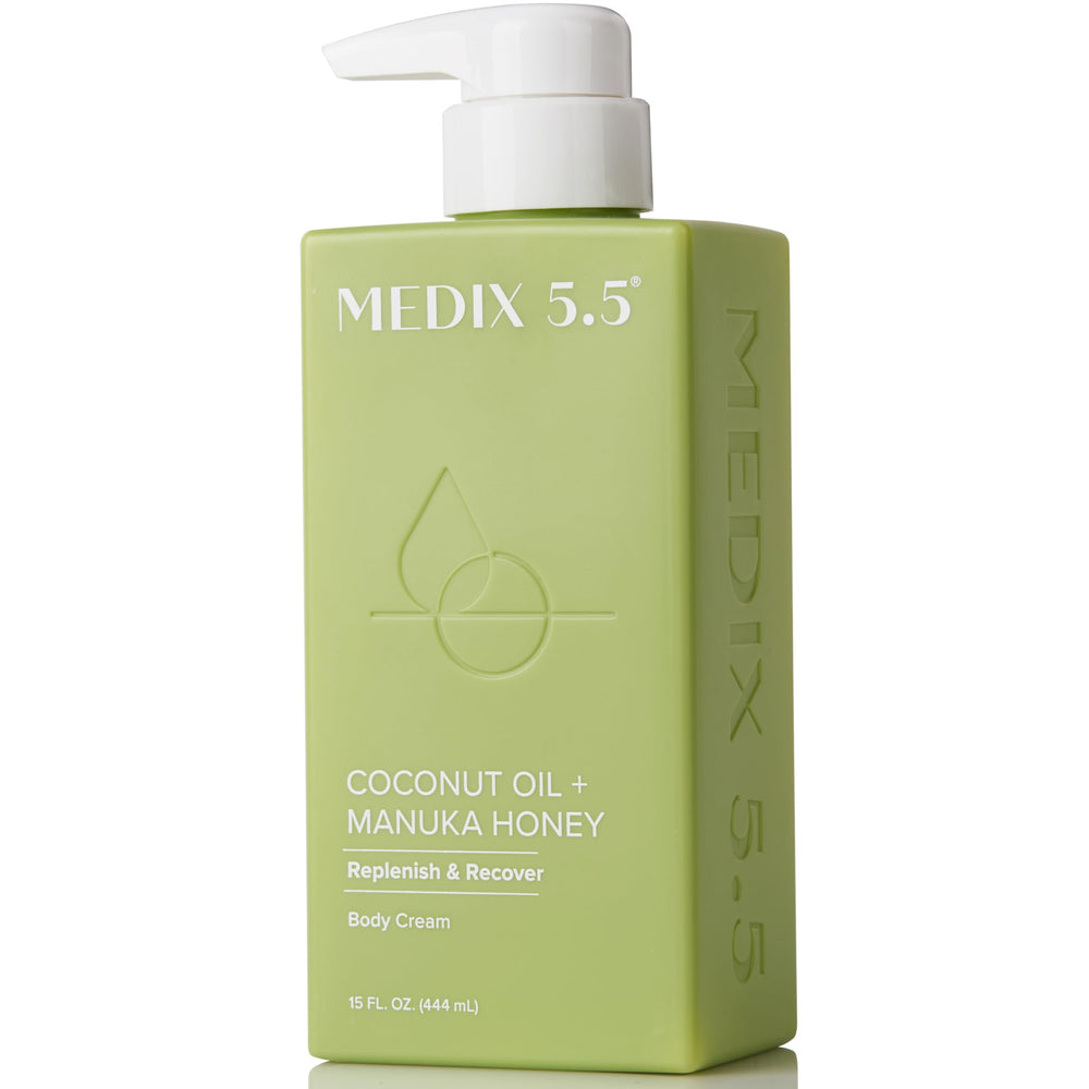 Medix 5.5 coconut-oil-manuka-honey body cream in a jar delivering rich hydration
