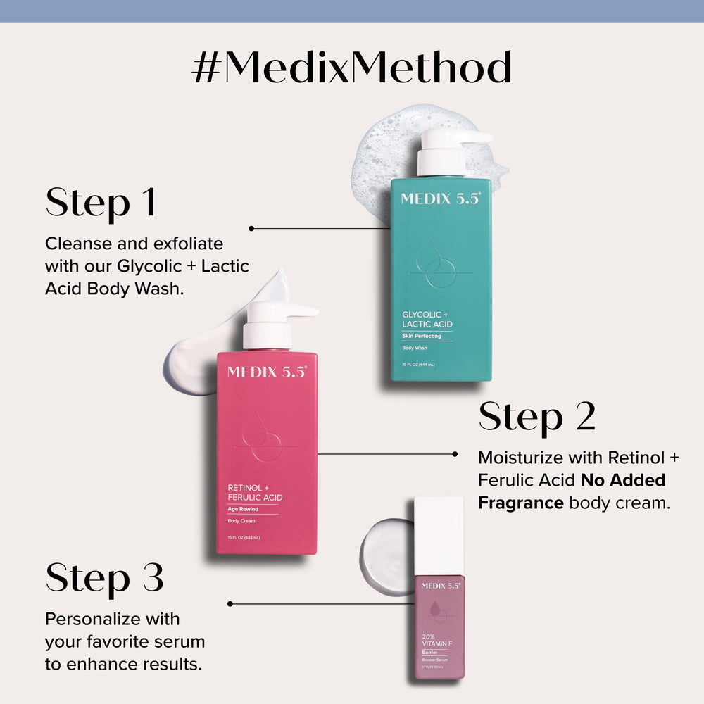 Medix 5.5 exfoliating cleanser foam pump showing rich lather for smooth, hydrated skin.