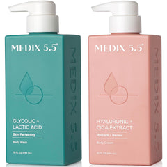 Medix 5.5 exfoliating face and body wash bottle with rich foam for smoother skin.