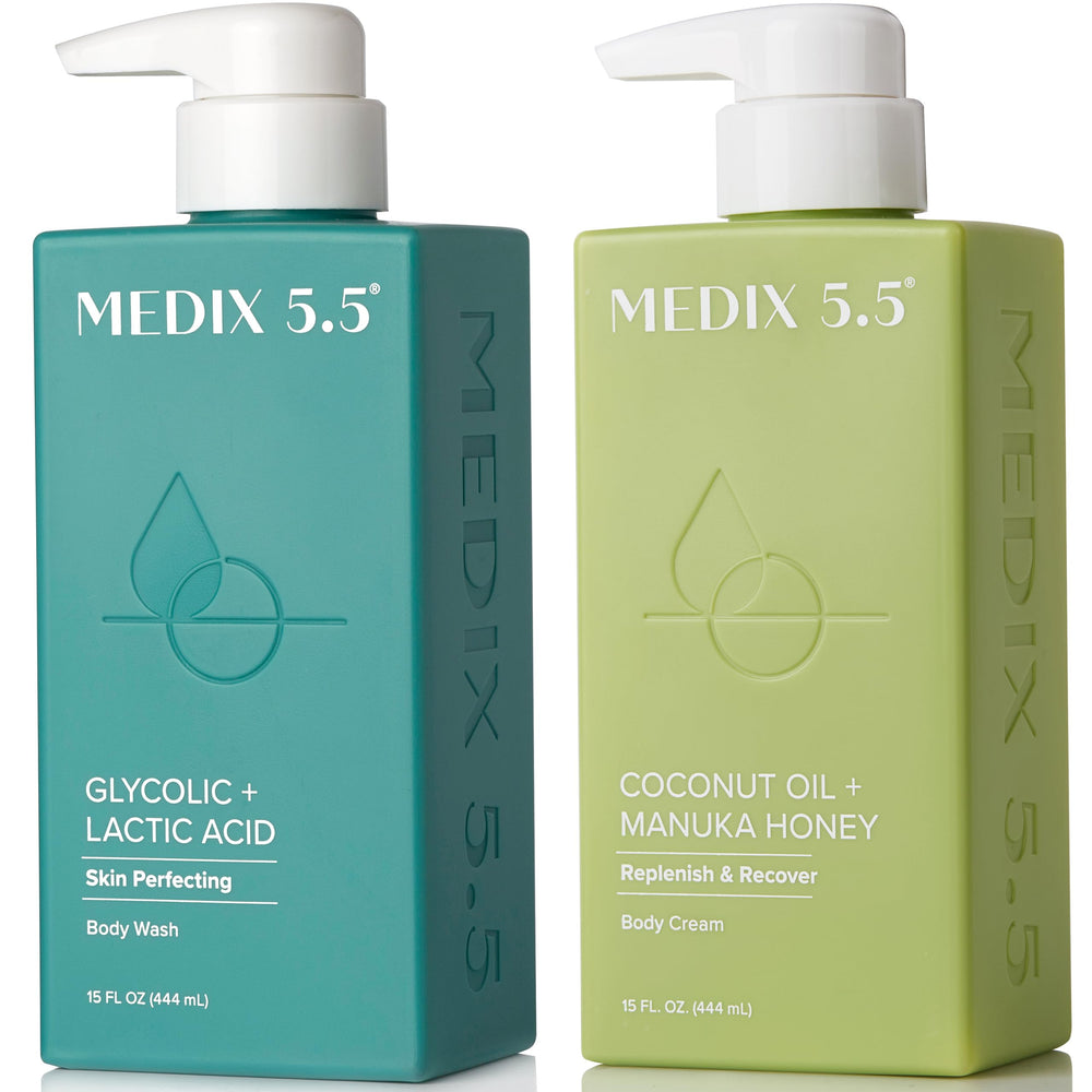 MEDIX 5.5 exfoliating glycolic body wash bottle for gentle exfoliation and smoother skin.